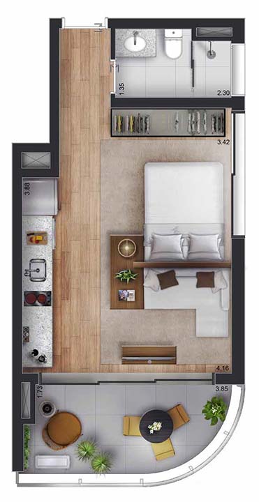 Planta tipo apartamento 38m² - Studio - White 2880