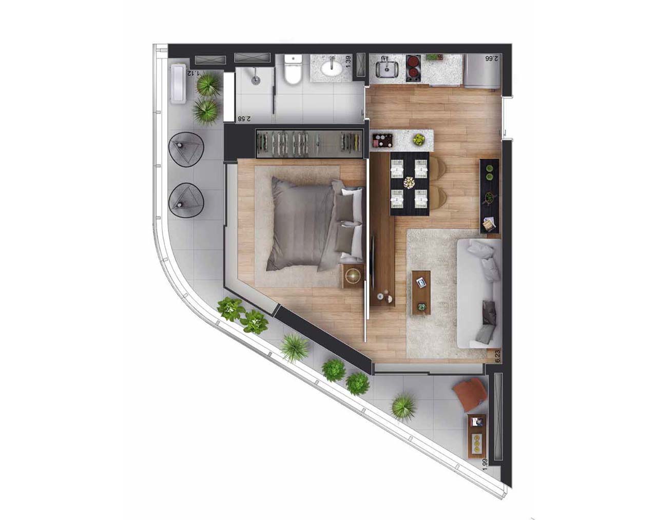 Planta tipo apartamento 49m² - 1 Dormitório - White 2880