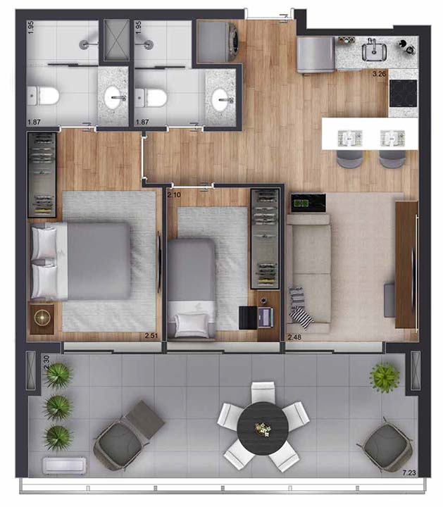 Planta tipo apartamento 66m² - 2 dormitórios e 1 suíte - White 2880