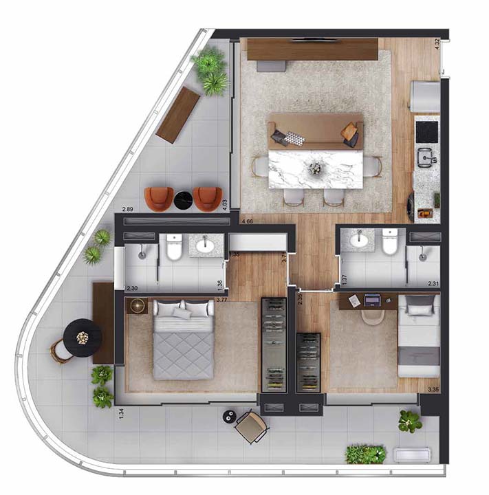 Planta tipo apartamento 85m² - 2 dormitórios e 1 suíte - White 2880