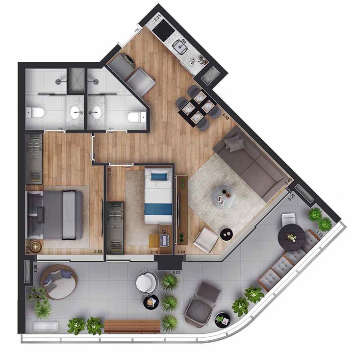 Planta tipo apartamento 72m² - 2 dormitórios e 1 suíte - White 2880