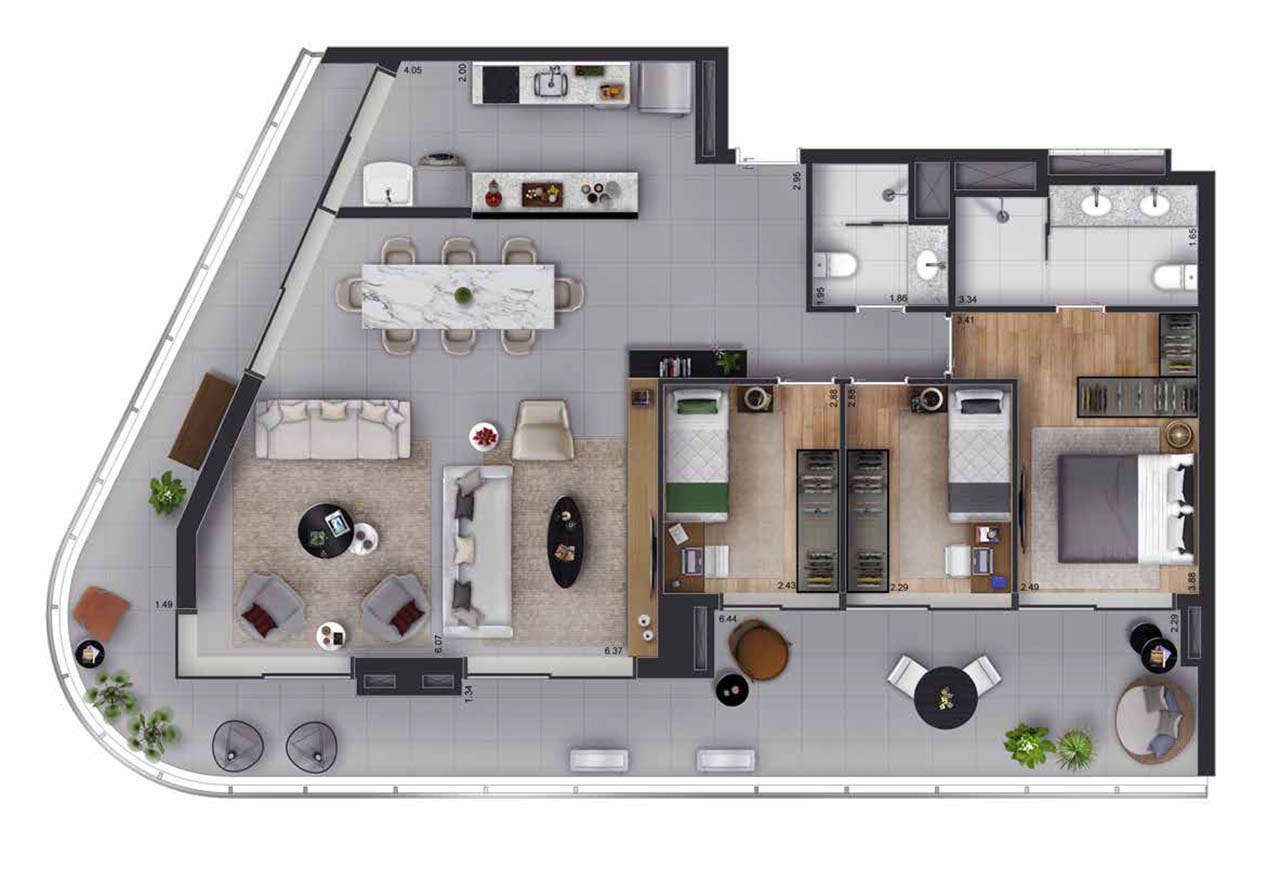 Planta tipo apartamento 140m² - 3 dormitórios e 1 suíte- White 2880