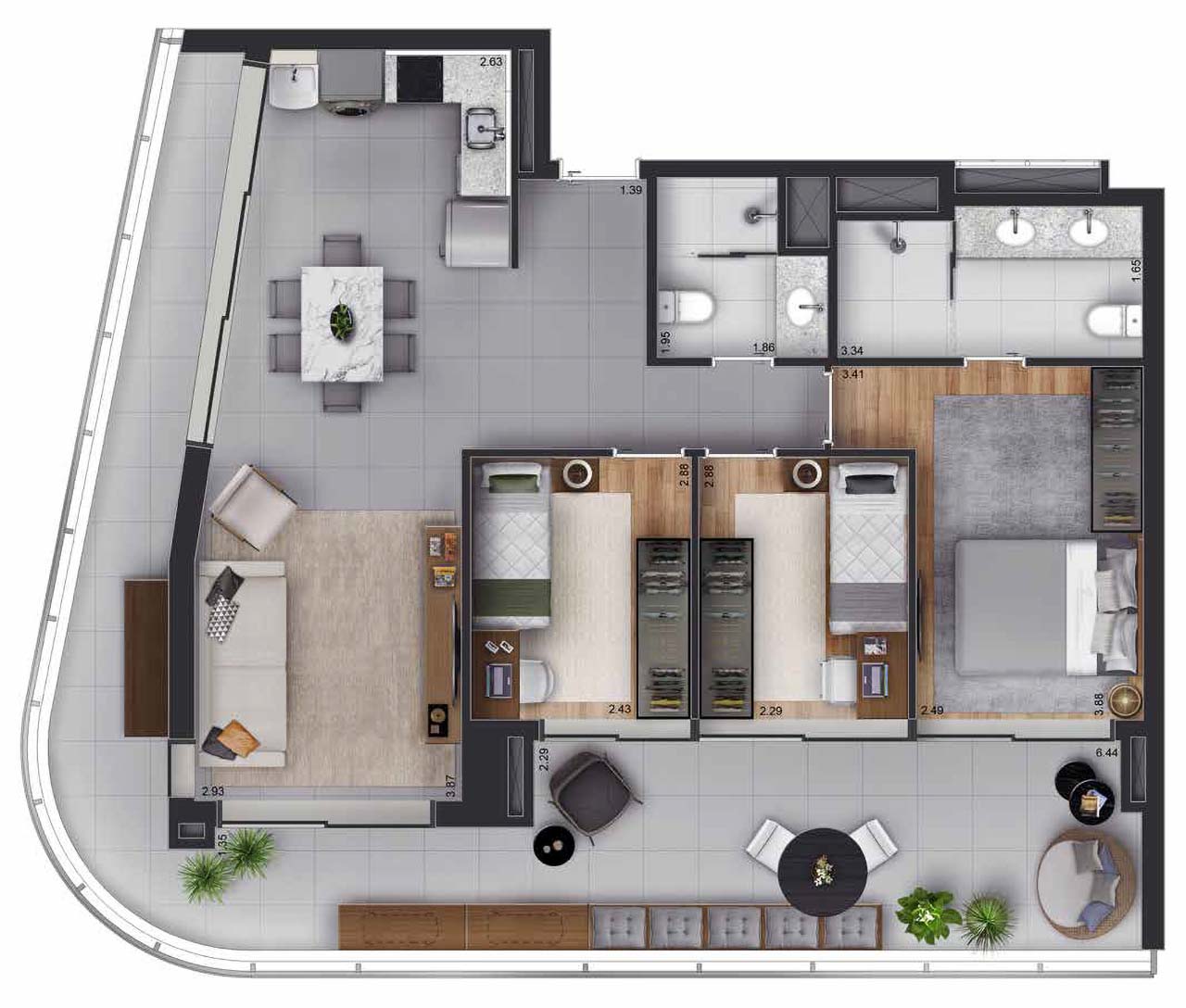 Planta tipo apartamento 110m² - 3 dormitórios e 1 suíte - White 2880