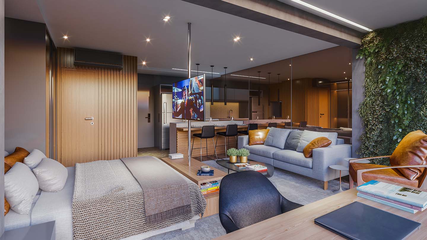 Living de 39m² do White 2880 - Perspectiva ilustrada
